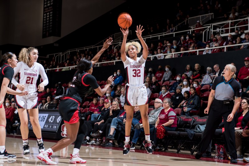 Redshirt freshman guard Jzaniya Harriel shooting a 3-pointer against San Diego State on Nov. 7, 2022. In this game, Harriel closed out the final minutes, securing the win for the Cardinal. (Photo: KAREN HICKEY/ISI Photos)