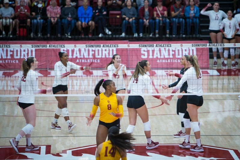 Stanford women's volleyball celebrates during a game.
