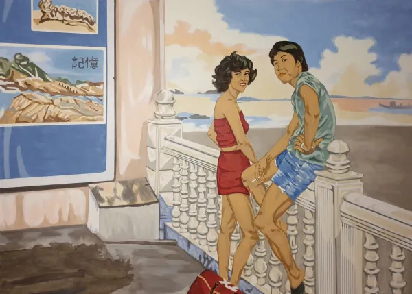 A colorful painting of a young couple wearing summer clothes, with a Chinese painting in the background