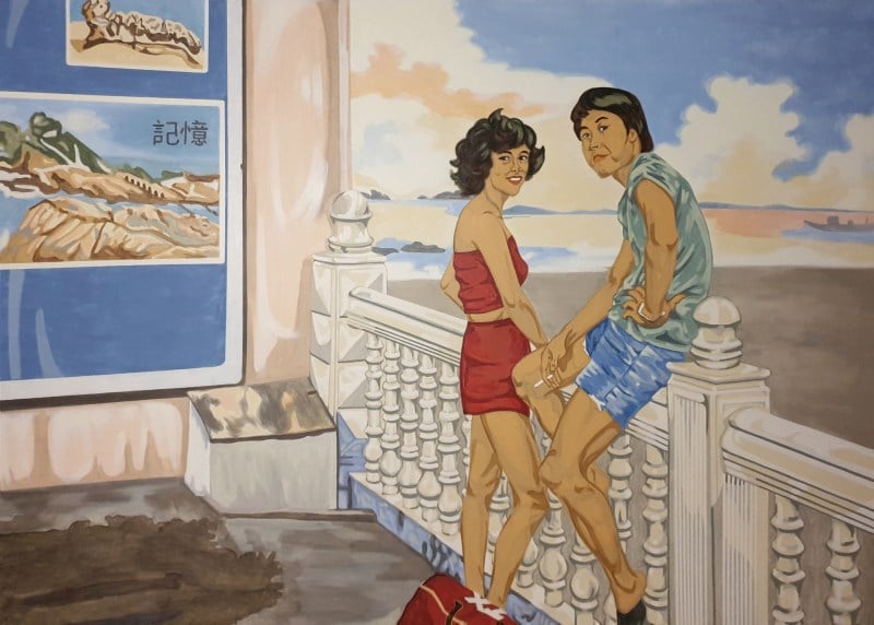 A colorful painting of a young couple wearing summer clothes, with a Chinese painting in the background