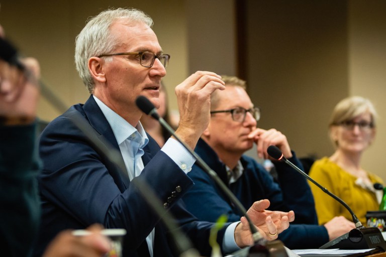 Marc Tessier-Lavigne speaking at a meeting