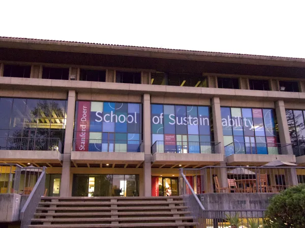 The facade of The Stanford Doerr School of Sustainability.