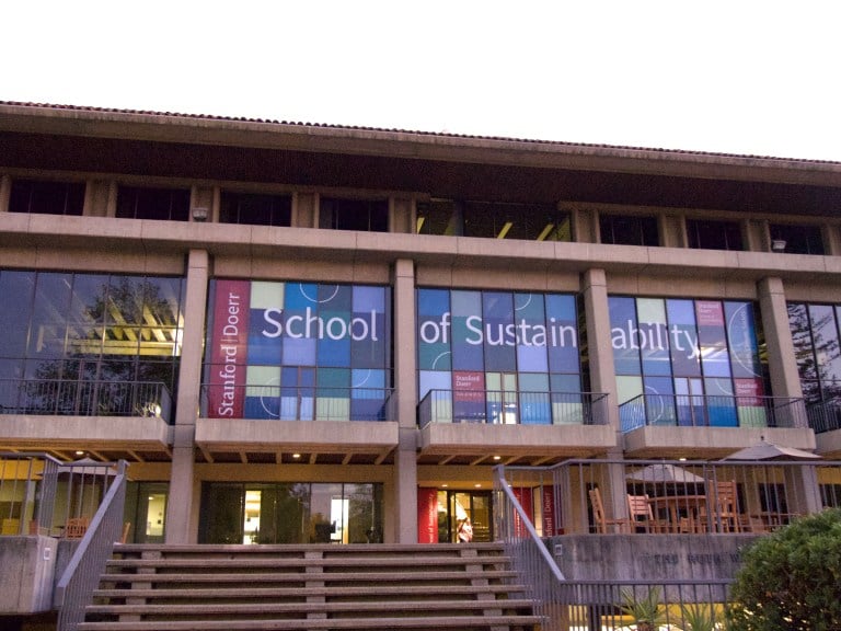 The facade of The Stanford Doerr School of Sustainability.