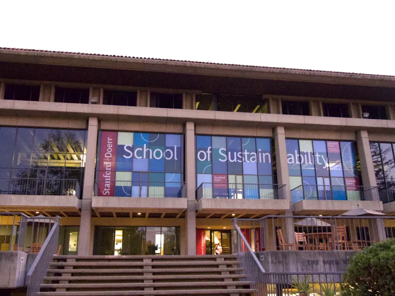 The facade of The Stanford Doerr School of Sustainability.