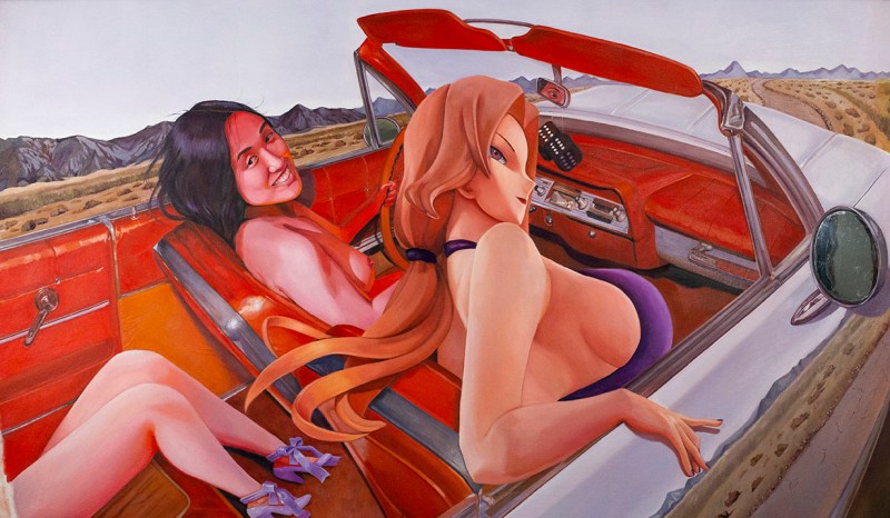 Oil paining of three women driving in a car in the desert with its top down
