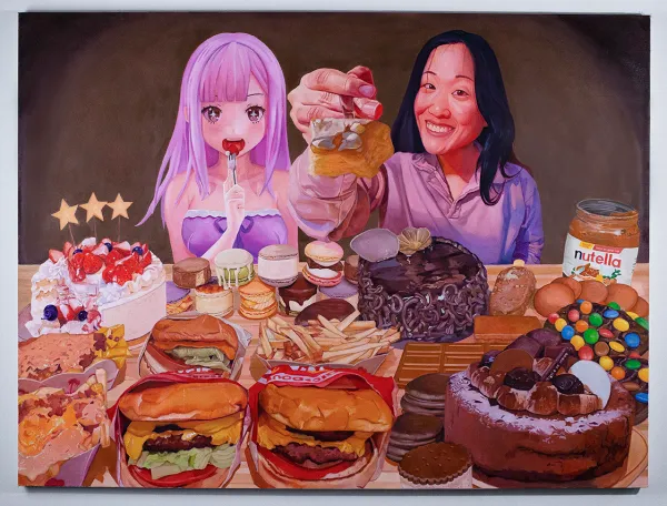 An oil painting in which an anime girl is eating a forkful of food and another real woman on her right is holding a forkful of cake to the audience. In front of them is a table full of burgers and sweets.