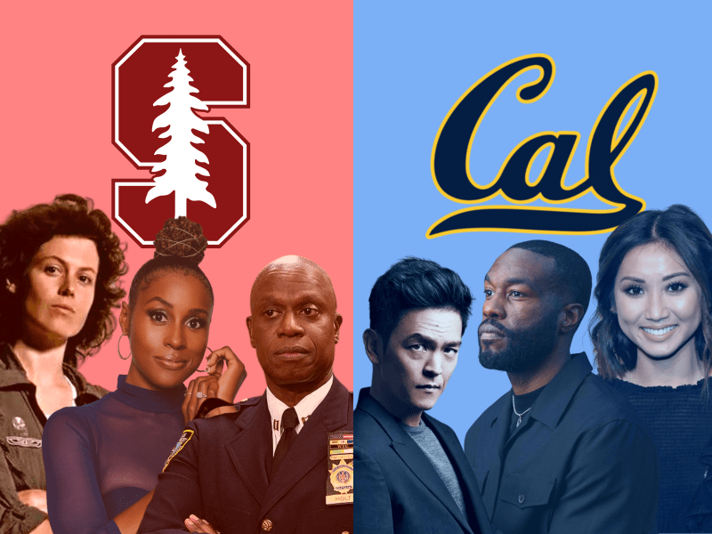 On the left of the graphic, is a red background with the Stanford logo on top and photos of three actors on the bottom. On the right is a blue background with Berkeley's logo on top and the photo of three actors on the bottom.