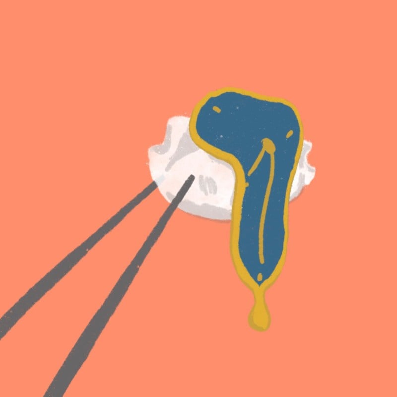 A pair of chopsticks hold up a dumpling, framed against an orange background. A melting, blue and yellow clock dangles from the dumpling.