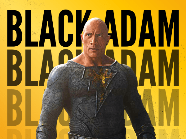 The photo of actor Dwayne Johnson dressed in a black superhero suit with a yellow lightning bolt across his chest. The background of the graphic is bright yellow with the words "Black Adam" written across the background in bold black letters three times.