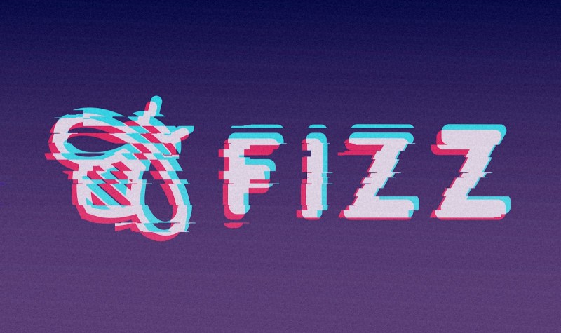 Fizz app's bee logo and name on a purple background with glitch-like stripes across the image.
