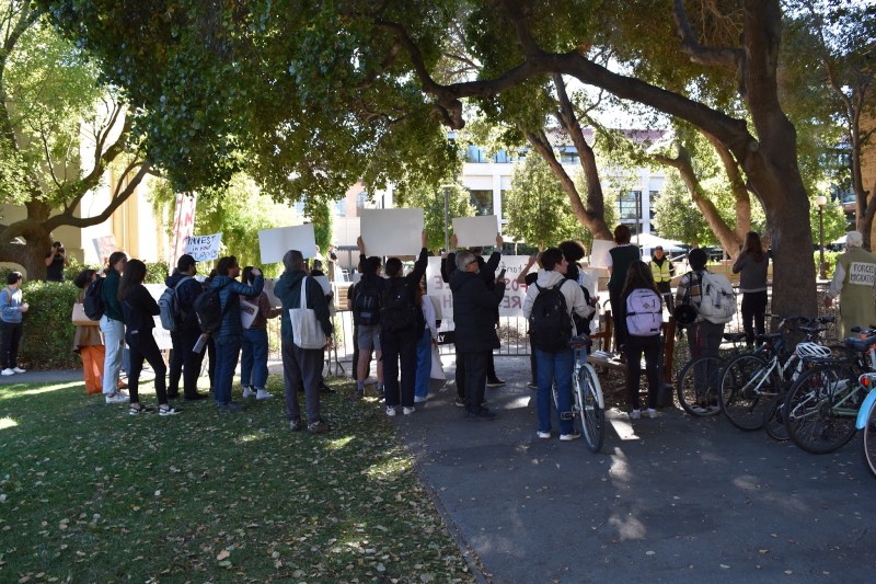 Protestors holding up signs stand behind a metal fence near a university building.