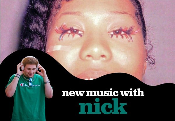 in the background, the album cover for "Her Loss," which shows the picture of a smiling Black person wearing their hair in big twists, before a solid pink-purple background. in the foreground, a wavy black shape takes up the bottom half of the graphic; it has white and green text reading "new music with nick" and a picture of a white person with short hair wearing a green shirt