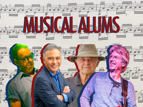 a graphic with a musical score in the background, the words "MUSICAL ALUMS" in all-caps, and the photos of four white men