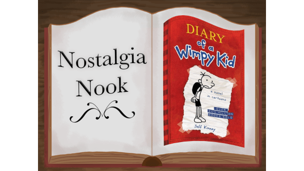 Open book with "Nostalgia Nook" on the lefthand side and a red book cover with a stick figure wearing a backpack.