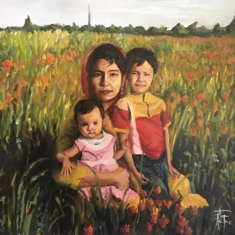 A painting of a mother with her two young children in her arms. They are sitting in a field of red flowers.