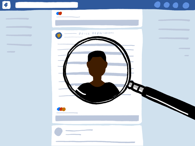 A graphic representation of a Facebook feed is seen, overlaid with a magnifying glass and silhouette of a Black person within.
