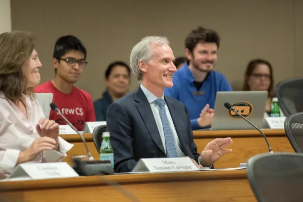 President Marc Tessier-Lavigne at a faculty senate meeting