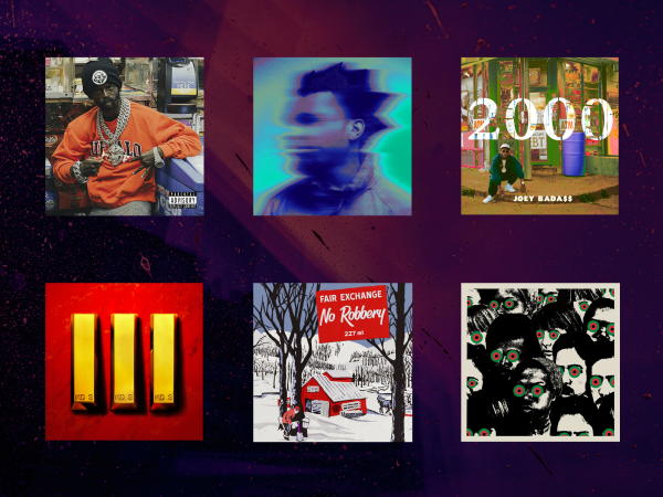 Six album covers in a grid on a dark purple background. From left to right on top row: Westside Gunn's "10," Denzel Curry's "Melt My Eyez See Your Future" and Joey Bada$$' "2000." From left to right on bottom row: Nas' "King's Disease III," Boldy James' and Nicholas Craven's "Fair Exchange No Robbery" and Black Thought's and Danger Mouse's "Cheat Codes."