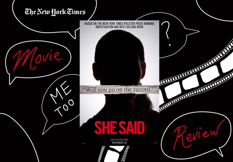 A graphic of the shadow of a woman with the words "She Said" written in red on a book cover. The book cover is set against a black background and around the book are several speech bubbles with "The New York Times," "movie," "Me Too" and "review" written in each of them.