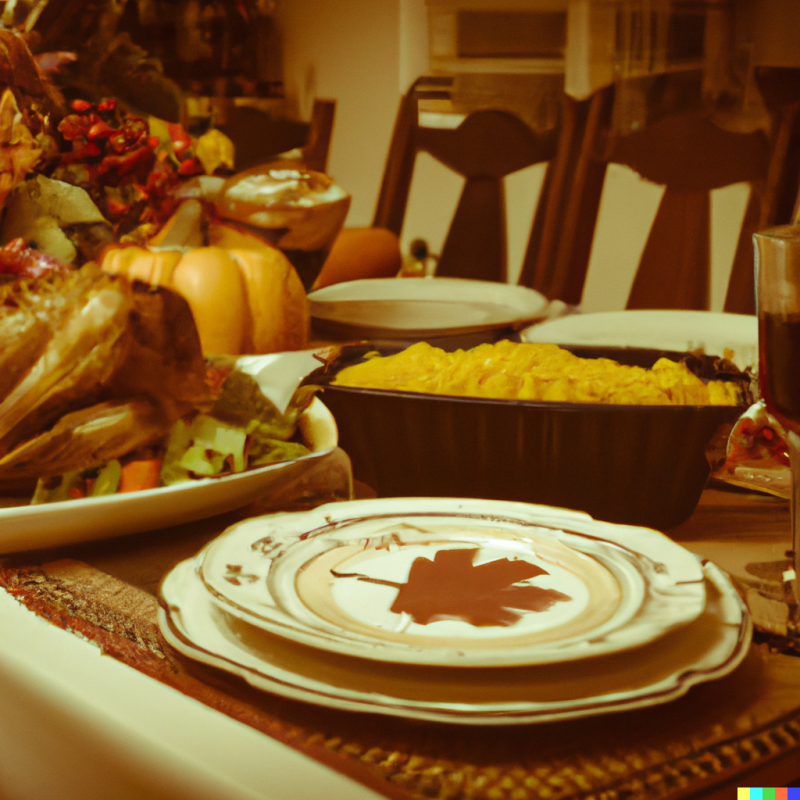 A Thanksgiving dinner table, with turkey, plates and a center piece.