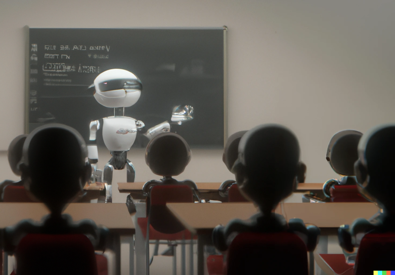 A robot stands in a teaching position before a chalkboard, in front of a class of robot students sitting at old-school wooden desks.