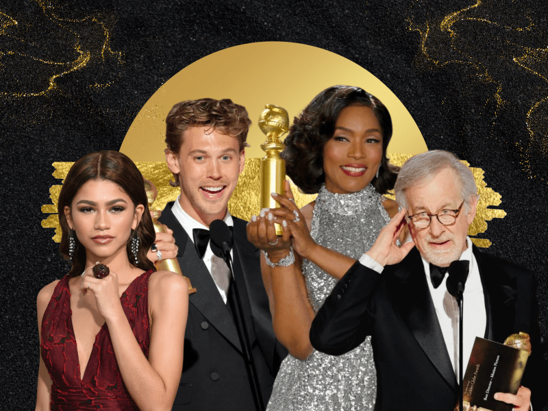 A graphic with cut-out photos of Zendaya, Austin Butler, Angela Bassett and Steven Spielberg holding Golden Globes against a gold and black background.