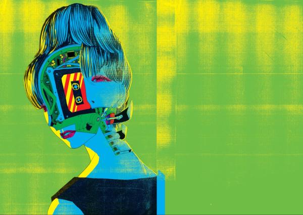 A green illustration of a cyborg woman.