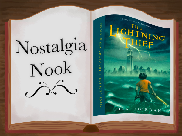 An open book with "Nostalgia Nook" on the left side in black font and a book cover on the right side. The book cover says "The Lightning Thief" in yellow with a child's back turned towards the viewer.