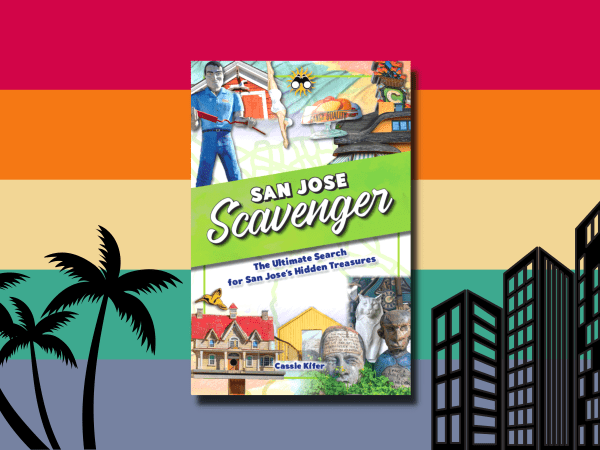 Book cover with green stripe and various figures against a background of red, orange, yellow and blue stripes with shadows of palm trees and buildings.