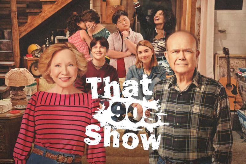 a graphic with the cast of "That 90's Show," five of them looking toward the camera, one cheering in the background, and two kissing in the background