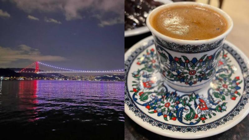 A slide presentation with a nighttime picture of a bridge on one side and a cafe drink on the other.