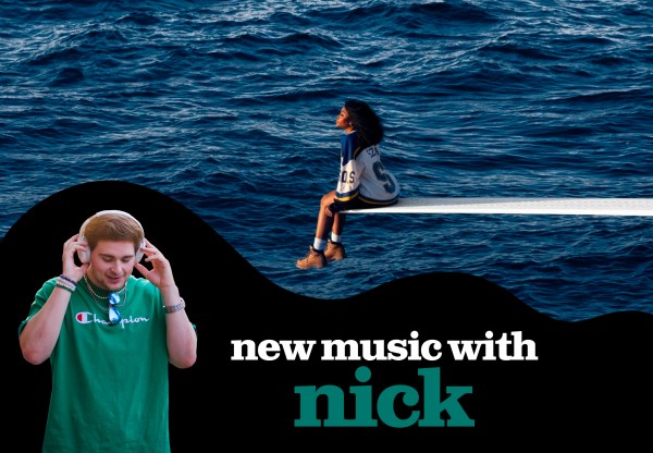 A cutout of Nick Sligh with headphones and a green t-shirt over a wavy black background with the text: "new music with nick." Behind is cover art for SZA's "SOS," where she appears tiny sitting on a long diveboard above a vast and dark blue ocean.