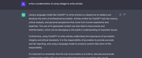 the chatGPT engine with the prompt "write a condemnation of using chatgpt to write articles" and chatGPT's subsequent response.