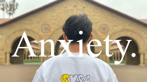 A person faces main quad, with the word 'Anxiety