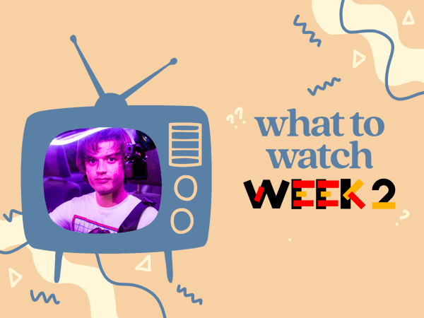 Against a tan background there is a graphic of a TV on the left and the caption, "what to watch WEEK 2" on the right. Inside the TV is a picture of the protagonist in the horror comedy "Spree."