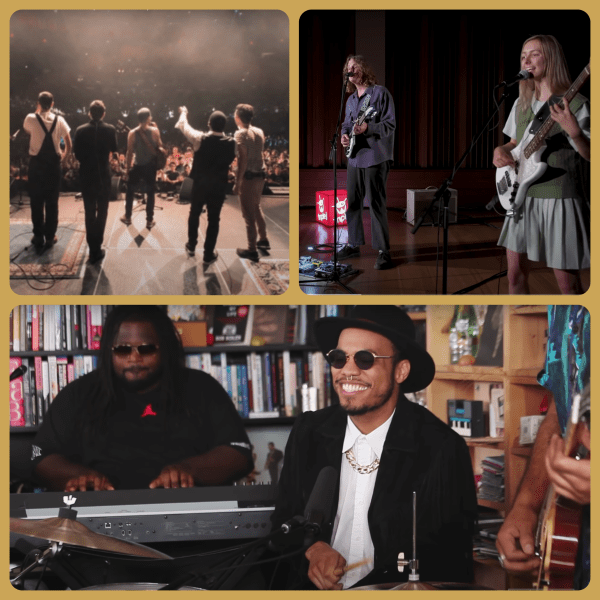 Three image collage with Anderson .Paak performing, Vulfpeck performing in front of a crowd at Madison Square Garden, and Spacey Jane performing