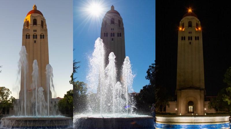 Three photos of a fountain, one at sunrise, one at midday, one at night, with Hoover Tower in the background.