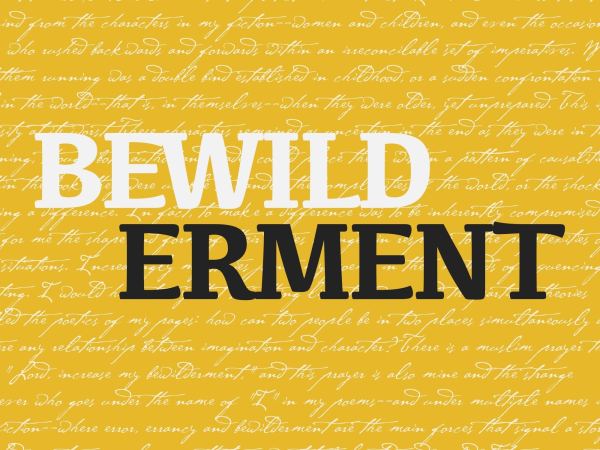 The text "Bewilderment" written in black and white against a yellow background with text running across