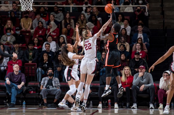 Junior forward Cameron Brink blocking a shot against Oregon State on Jan. 27, 2023. In this game, the 2022 Pac-12 Defensive Player of the Year broke her own record for most blocks in a single season at 92 and counting.