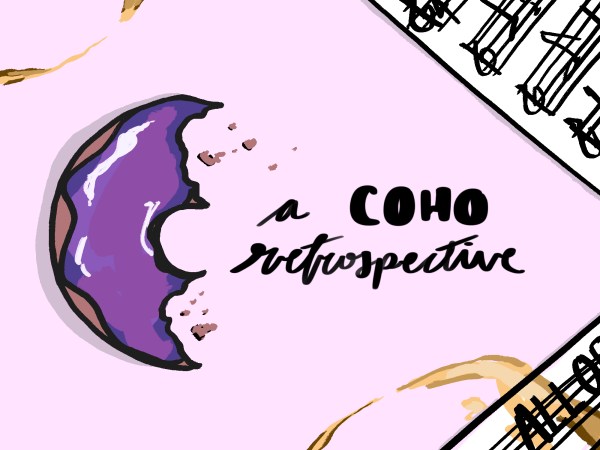 A half eaten ube donut from CoHo sits against a lavender background next to the words "A CoHo retrospective."