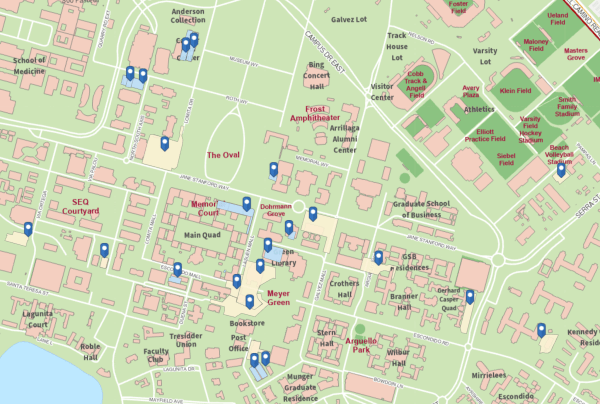 A map of Stanford's campus with constructions locations marked with waypoints