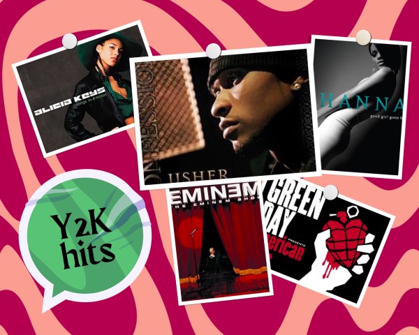 A picture of Usher, Alicia Keys, Eminem, and Green Day album covers. The text says "Y2K hits."
