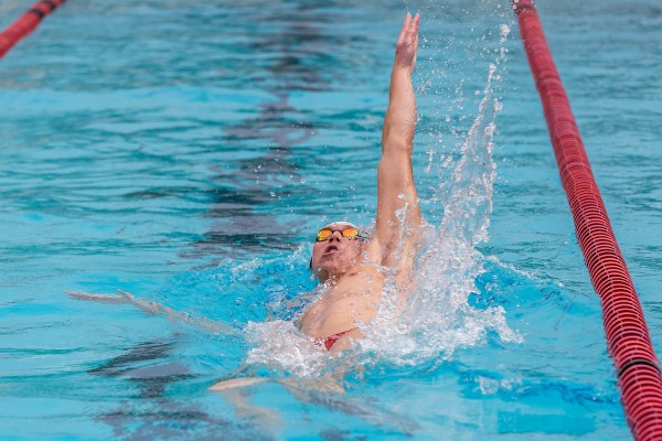 Swimmer performing a backstroke in a swimming pool lane