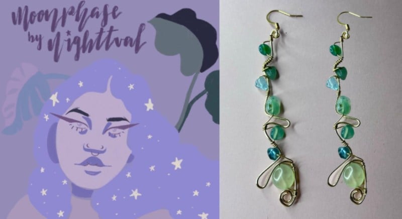 The Moonphase by Nighttval logo (left) displays an illustrated woman with stars in her hair. Earring's made of gold wire and green beads are set against a grey background (right).