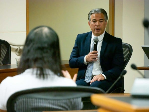 California Attorney General Rob Bonta speaks to an audience at the Stanford Law School