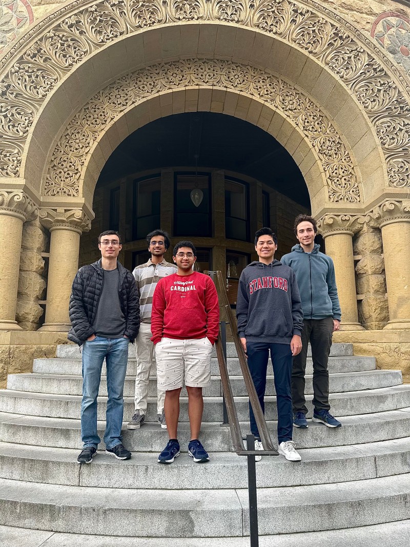 Several of the undergraduates who competed in the 2022 Putnam Competition pose together in Main Quad. From left to right: Matthew A Riedman ’24, Karthik Vinay Seetharaman ’25, Rahul Krishna Thomas ’25, Jack Albright ’26, Andrei Mandelshtam ’25. Quanlin Chen ’25 not pictured. (Photo courtesy of Victoria Longino)