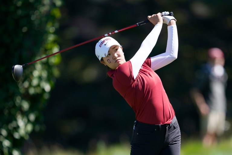 Sophomore Rose Zhang driving the ball during a fall match between Cal and Stanford.