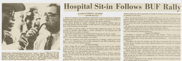 The Stanford Daily article clipping on the hospital sit-in from April 9th, 1971 (before the police break-up).
