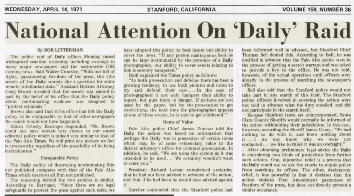 The Stanford Daily Article about the police raid on The Daily House after the demonstration.