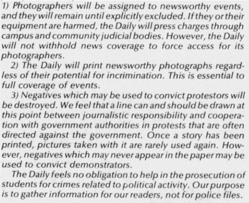 The Daily’s photo policy at the time, from a February 1970 announcement entitled “Politics and Photos.”